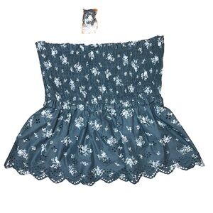 Sim & Sam Navy Blue Floral Tube Tank Top Eyelet Lace Ruffle Smocked NWT Large